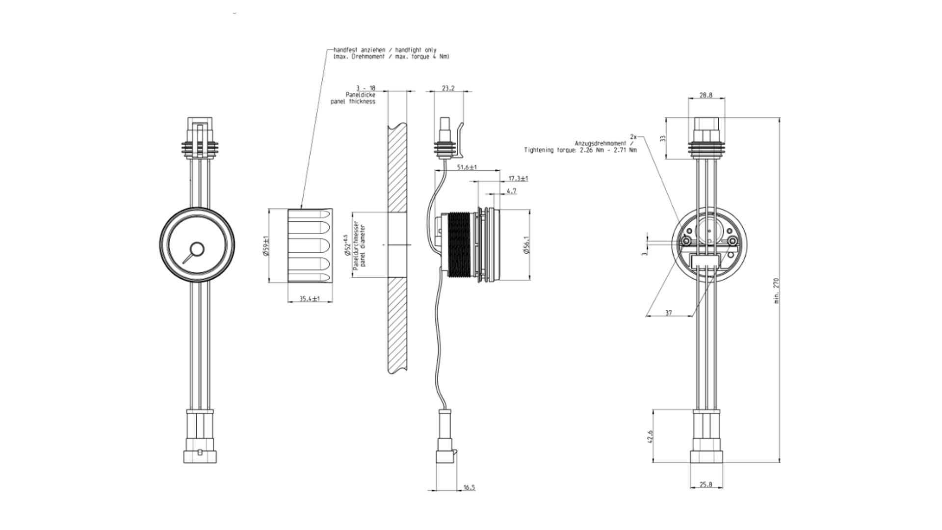 Ocean link 52 mm gauges technical drawing